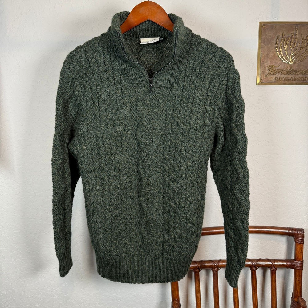 SAOL Ireland Womens 100% Merino Wool Cable Knit Quarter Zip Sweater Green S